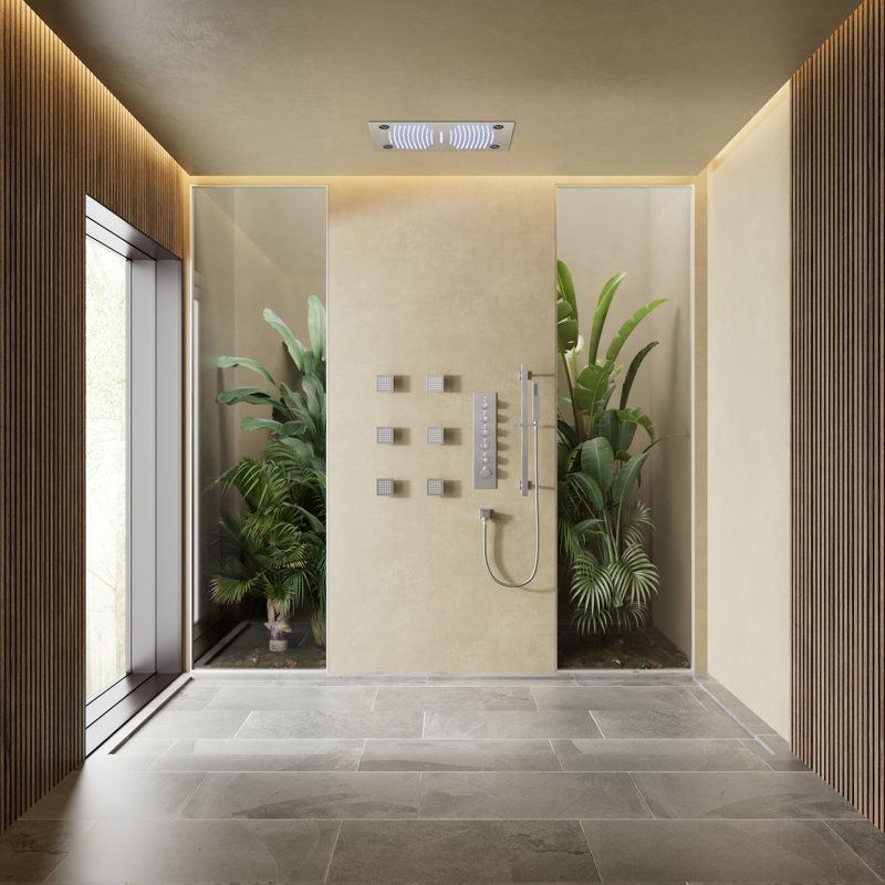 Robinet de douche thermostatique à DEL, pomme de douche à barre coulissante avec musique Bluetooth, Nickel brossé