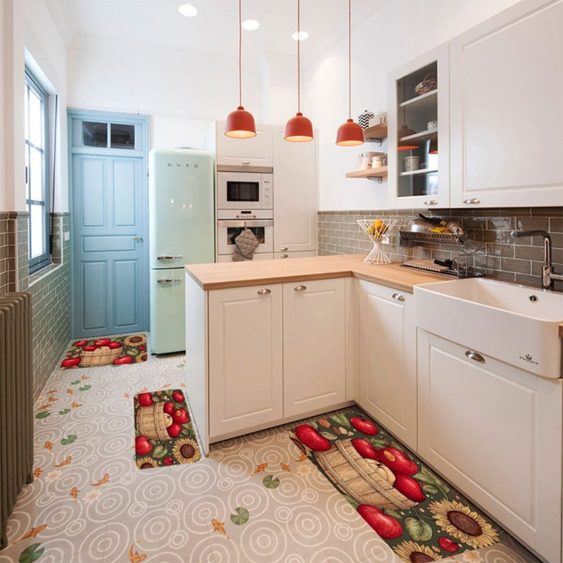 Autumn Apple Sunflower Set Of 3 Kitchen Rug For Kitchen, Mudroom, Green Red