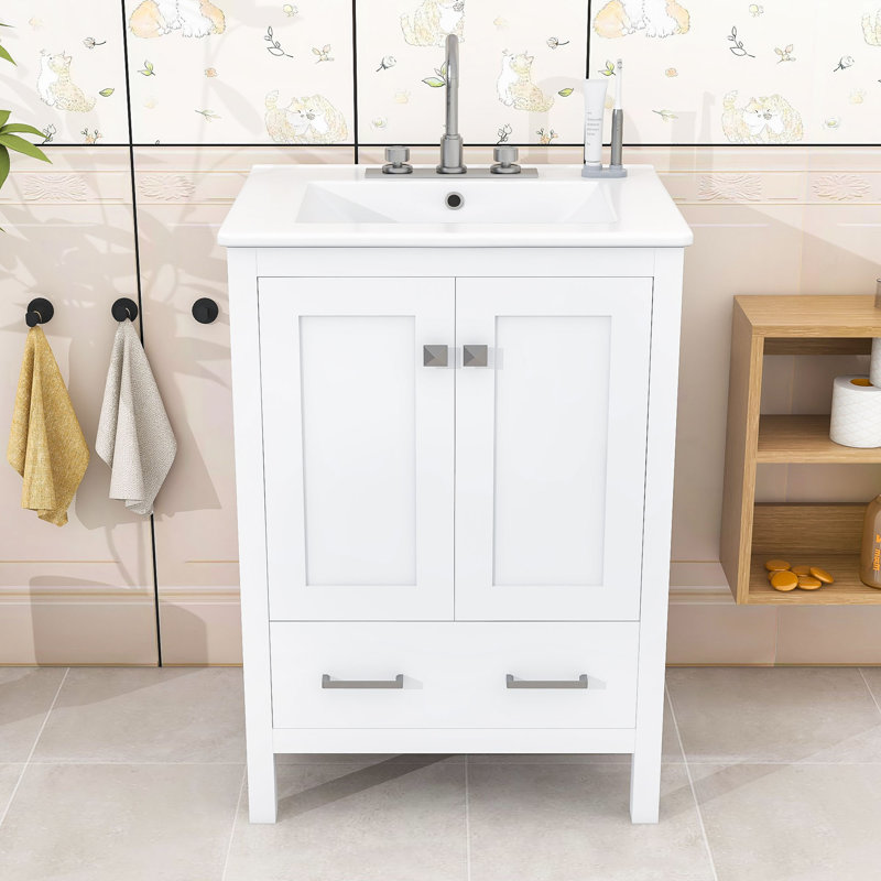 Meuble-lavabo avec lavabo, 1 tiroir et 2 portes, Blanc