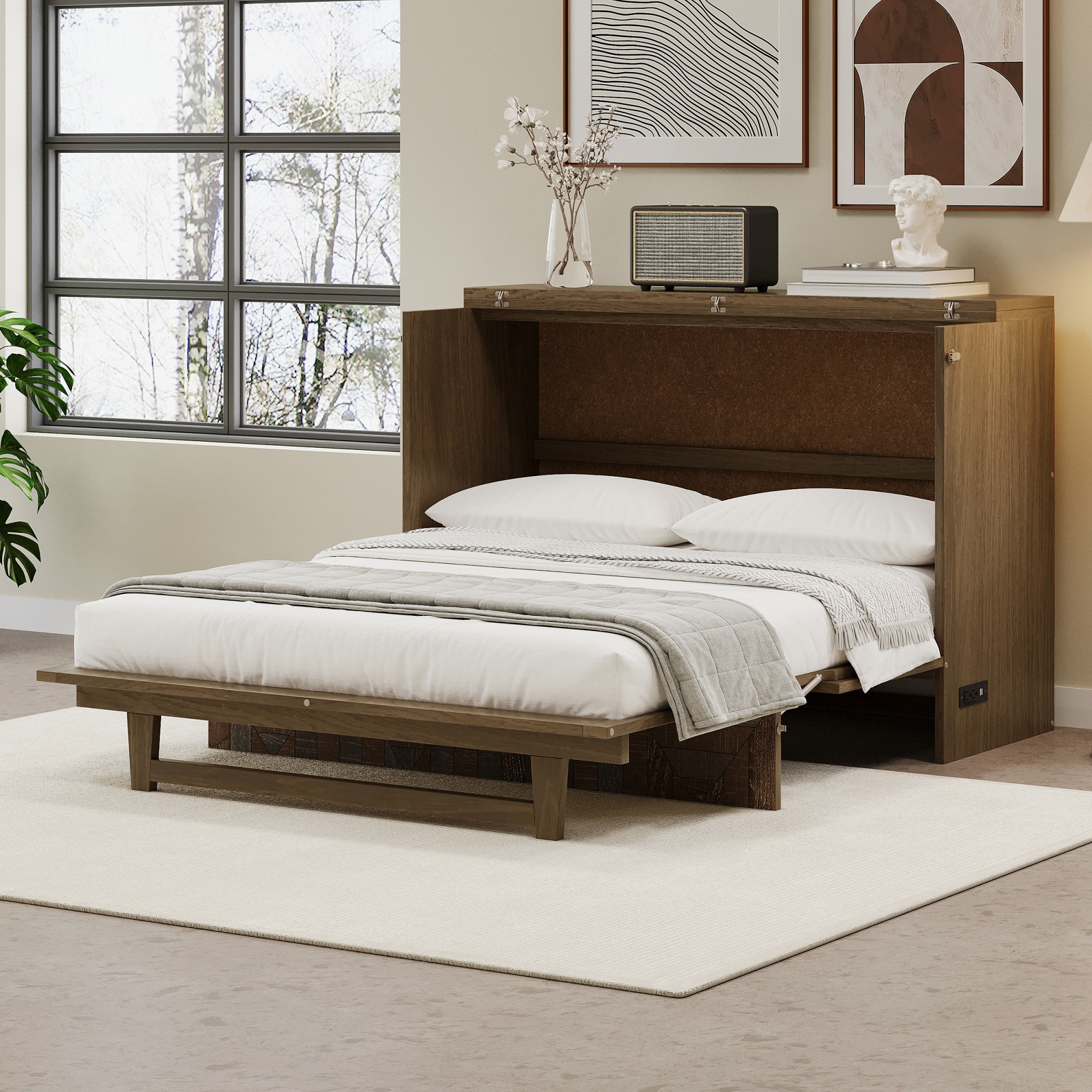 Rustic Gray Queen Murphy Cabinet Bed - Farmhouse Guest Bed with Charging Station