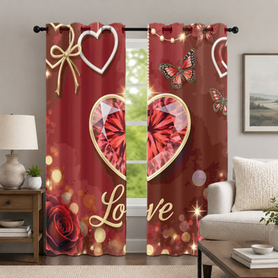 2 pièces rideaux imprimés cœur et papillon, rideau à motif romantique, rideaux à œillets à motif floral moderne et élégant, habillage de fenêtre pour le décor de la chambre à coucher