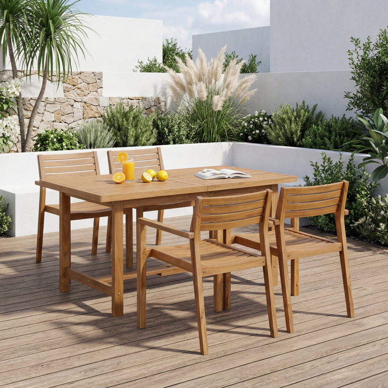 5-Piece Outdoor Acacia Wood Dining Set, 59.06" Rectangular Table with Umbrella Hole for Patio, Garden & Poolside