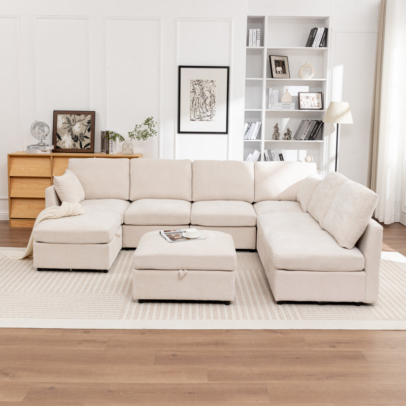 Miller X - Piece Upholstered U-Shaped Sectional Sofa With Two Storage Ottomans, Beige, 33" H x 112" W x 90" D
