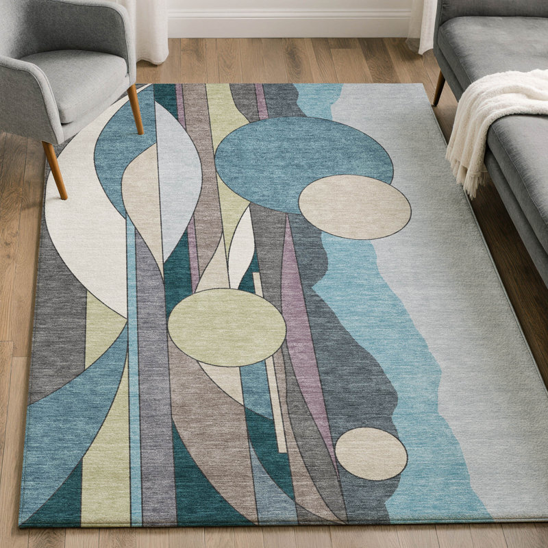 Premium Machine Washable Mayfield AMF2252 Modern Rug, Teal, 3' x 5'
