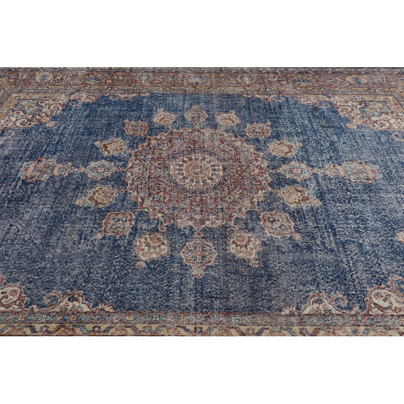 Tapis turc Anatolian rétro fait à la main en bleu marine pour salon Oushak