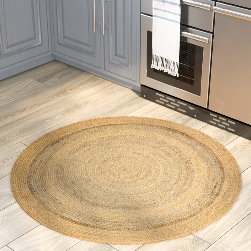 Gilbrae Beige/Gray Striped Modern Farmhouse Handmade Hand Braided Jute/Sisal Indoor Area Rug, Round 4'