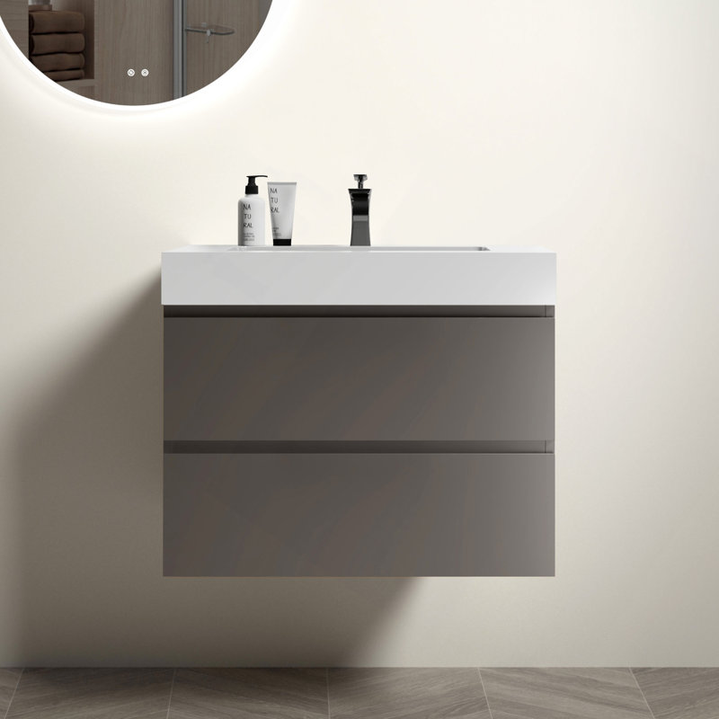 Meuble-lavabo de salle de bain avec lavabo, grand meuble-lavabo flottant mural pour salle de bain moderne, lavabo une pièce sans drain ni robinet, pré-assemblé