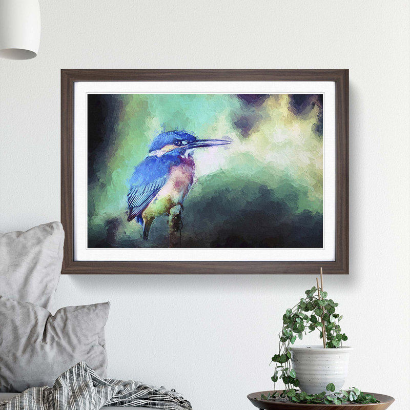 The Kingfisher Bird Looking West in Abstract - Picture Frame Painting Print, Walnut Framed, 36cm H x 48cm W x 2cm D