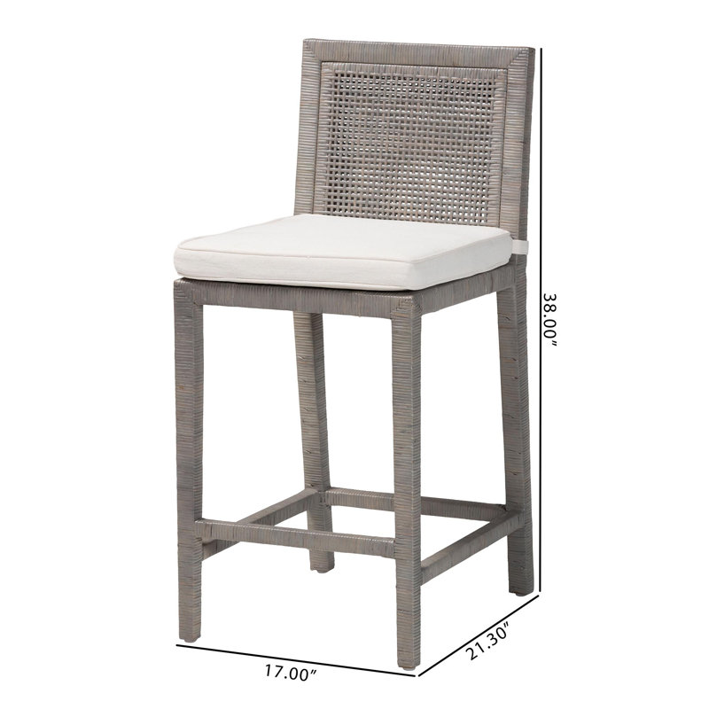 Bali & Pari Sofia Rattan Counter Stool With Mahogany Wood Frame - Handwoven Wicker Counter Height Chair With Cushion, Coastal Boho Style Kitchen Island Seating, French Grey