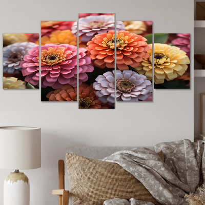 «Colorful Zinnias Field Vibrant», impression d'art mural floral - 5 panneaux