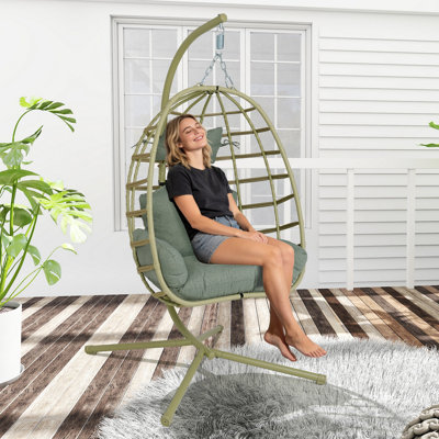 Fauteuil à œufs avec support Chaise de balançoire suspendue en rotin PE pour l'intérieur et l'extérieur avec coussin à double corde robuste lavable Capacité de 350 lb pour le patio