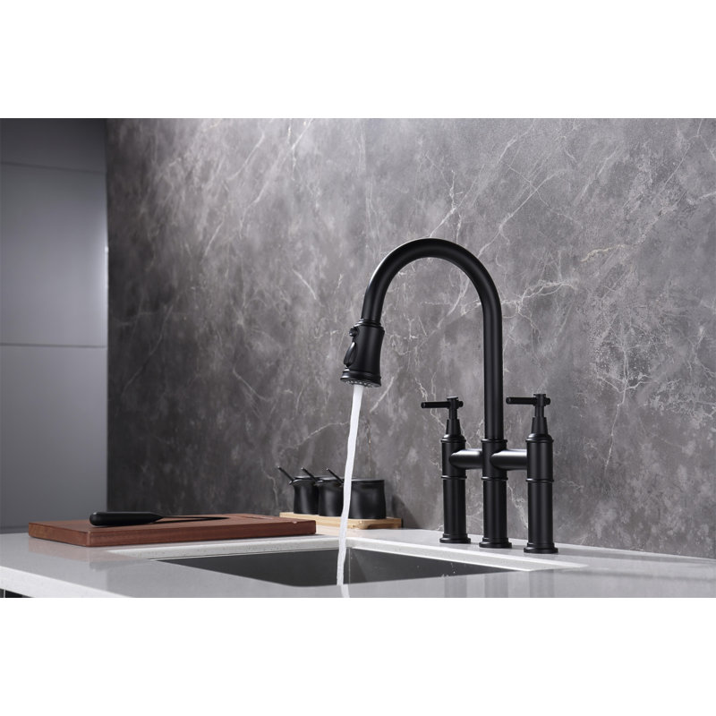 Bridge Kitchen Faucet With Pull-Down Sprayhead In Spot, Matte Black
