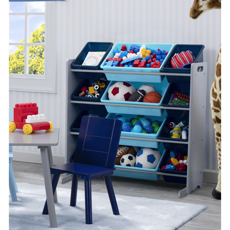 Gray and Blue Wooden Kids Toy Storage Organizer with 12 Plastic Bins