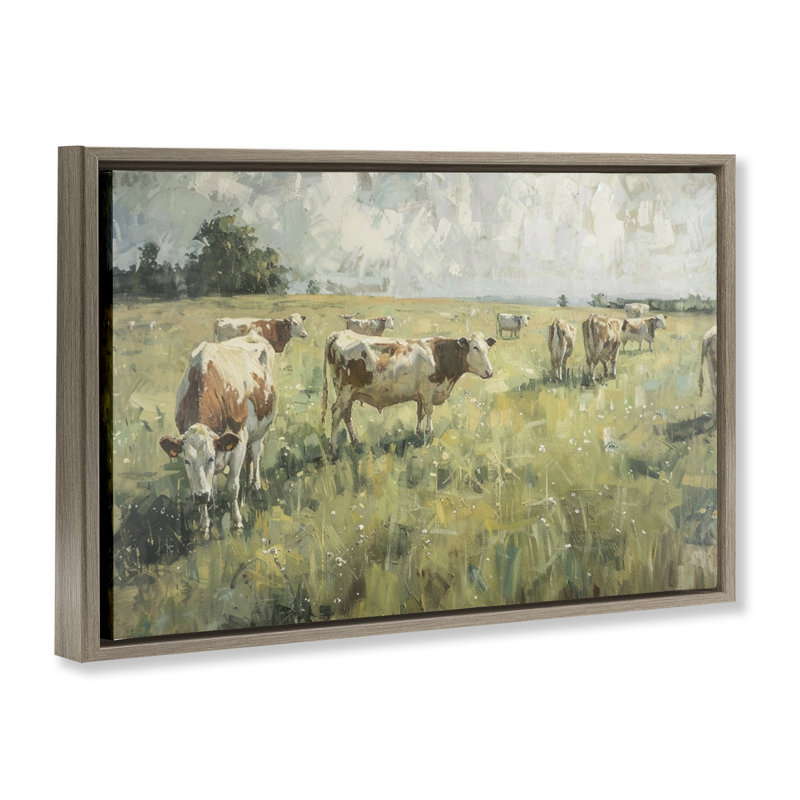  Toile flottante encadrée «Roking Cows in Grasslands» par LSR Design Studio, H 17 po x l 25 po