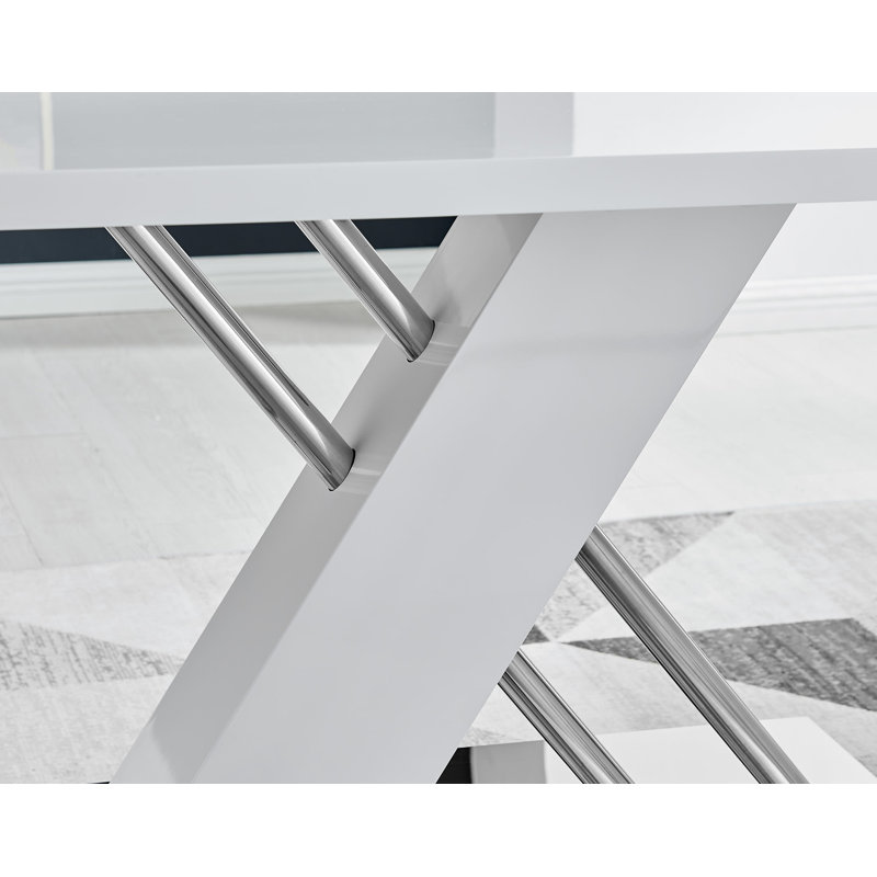 Sorro Cross Luxury High Gloss & Chrome Dining Table Set with 6 Quilted Faux Leather Chairs, White/Silver