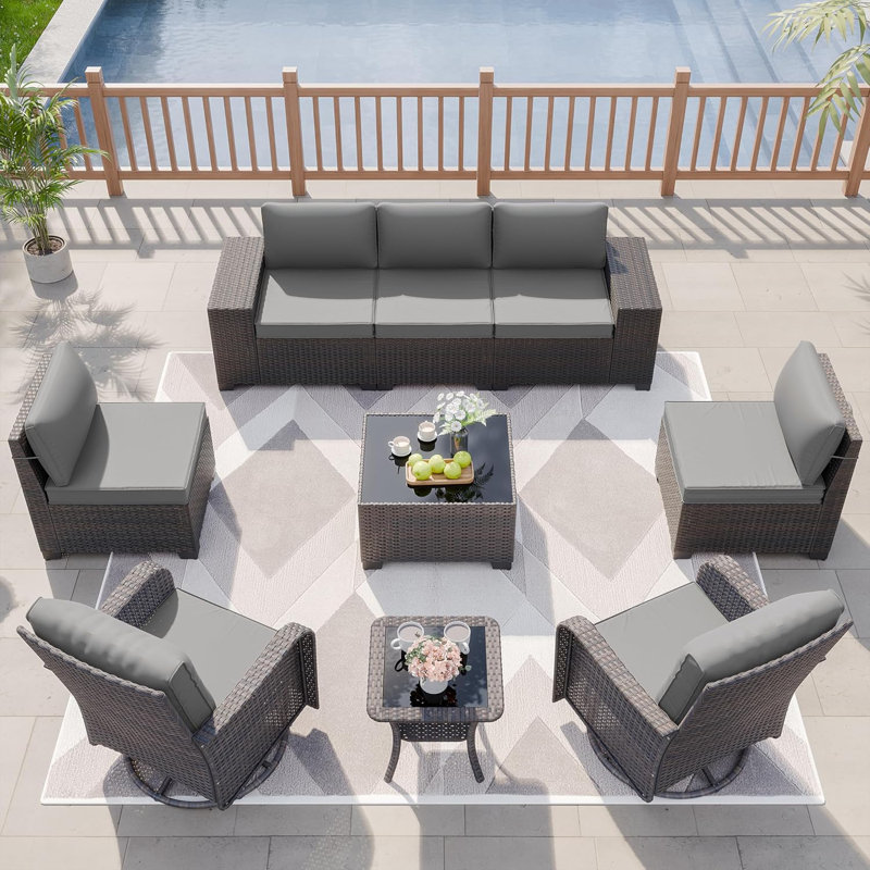 9-Piece All-Weather Wicker Outdoor Patio Set With Cushioned Modular Sectional, Swivel Rocking Chairs & Tables, Gray