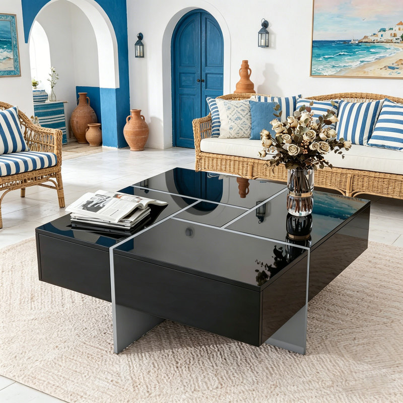 Élégante table basse de style casse-tête avec rangement caché et sections extensibles, parfaite pour les salons modernes.