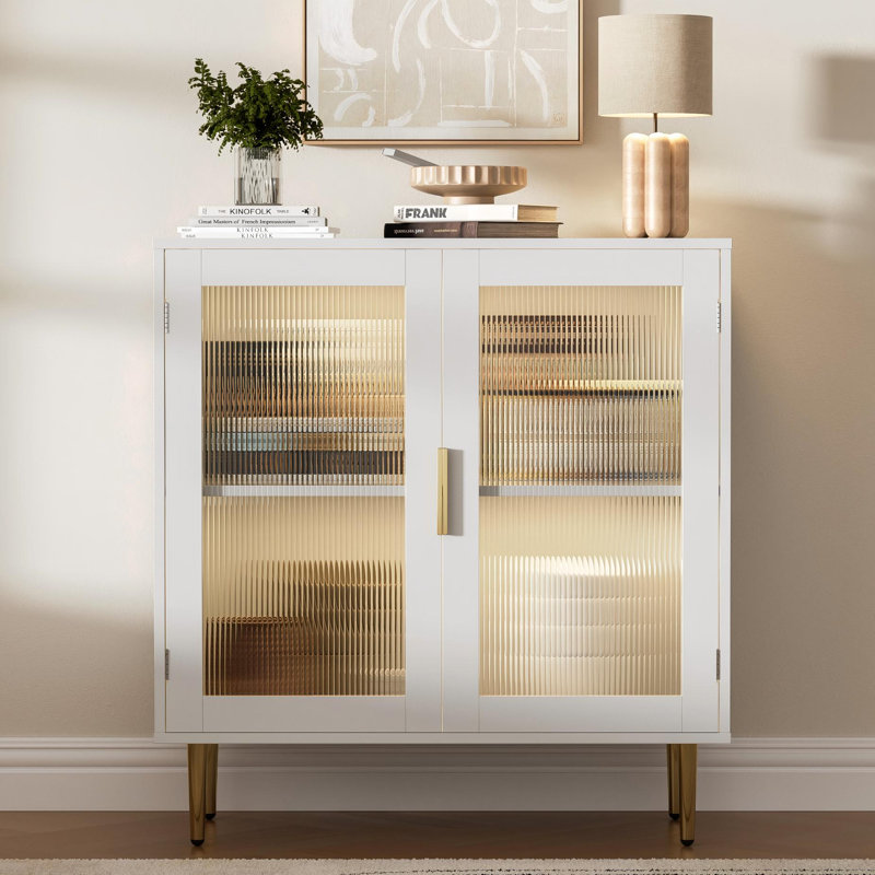 Buffet avec lumières à DEL, buffet avec 2 portes en acrylique cannelé, buffet moderne de 32 po avec tablette réglable, bar à café pour le salon, cuisine