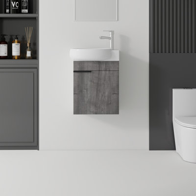16, flottant, meuble-lavabo de salle de bain avec lavabo, avec porte à fermeture en douceur, lavabo en céramique, contreplaqué, gris