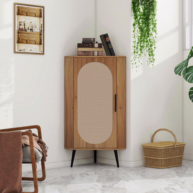 Armoire d'angle, rotin, porte, tables autoportantes, Brun