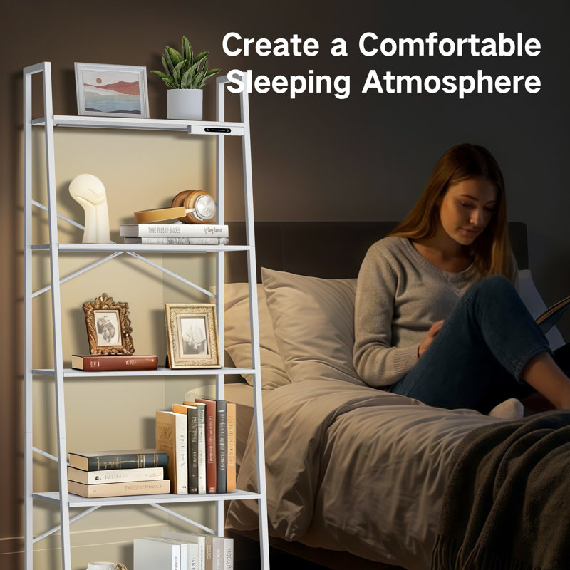 5-Tier Metal Ladder Bookcase with Lighting, White