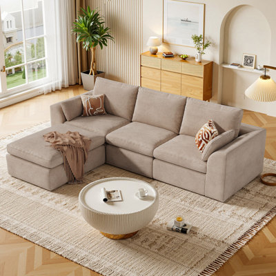 108 Inches L‑Shaped Oversized Cloudy Boneless Couch, Modular Sectional Sofa | All Foam Floor Sofa with Deep Seat Chaise, Fluffy Plush Microfiber Modern Couch No Assembly, Flexible Combination for Home,Khaki