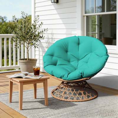 360° Swivel Patio Papasan Accent Chair with Blue Cushion & PE Wicker Frame