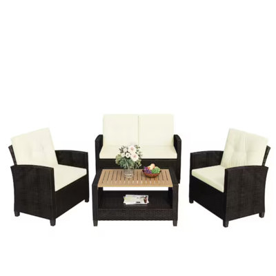 4-Piece All Weather Wicker Outdoor Patio Conversation Set with Beige Cushions and Accacia Wood Table