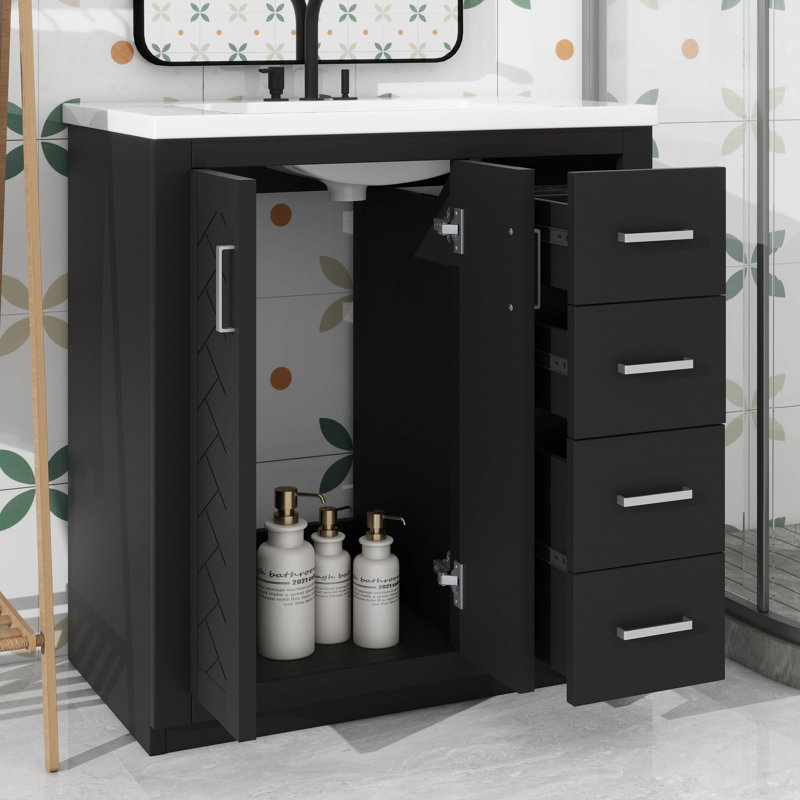 Ensemble de meuble-lavabo 30 po avec lavabo en céramique, 3 tiroirs à fermeture douce et portes inclus, Noir, Argent argent