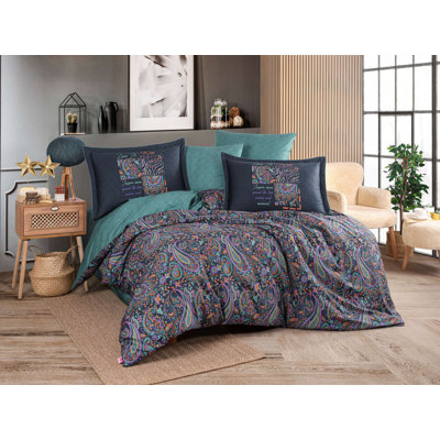 Exclusive Satin Double Quilt Cover Set, 100% Cotton, Green & Purple & Orange & Dark Blue | Duvet Cover 78.7 x 86.6 in, Flat Sheet 94.5 x 102.4 in, 2 Pillowcases 27.6 x 27.6 in, 2 Oxford Pillowcases 19.7 x 27.6 in | 300 Thread Count, Machine Washable