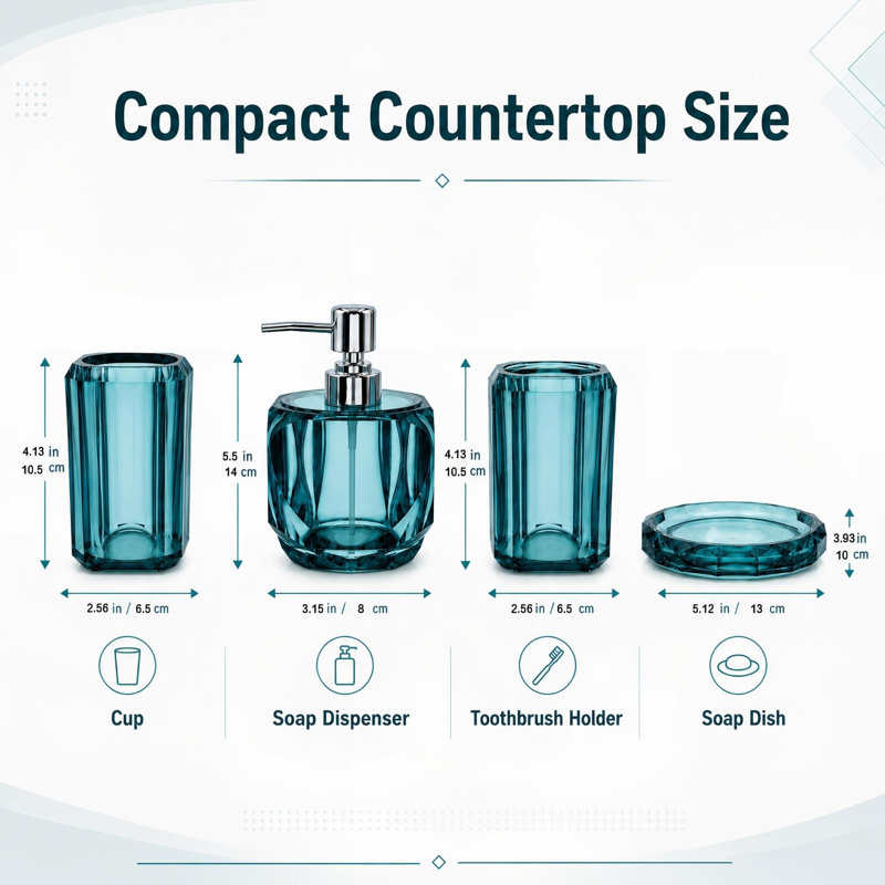 Ensemble de 4 accessoires de salle de bain en acrylique turquoise en forme de cœur : distributeur de savon, porte-brosse à dents, porte-savon et gobelet.