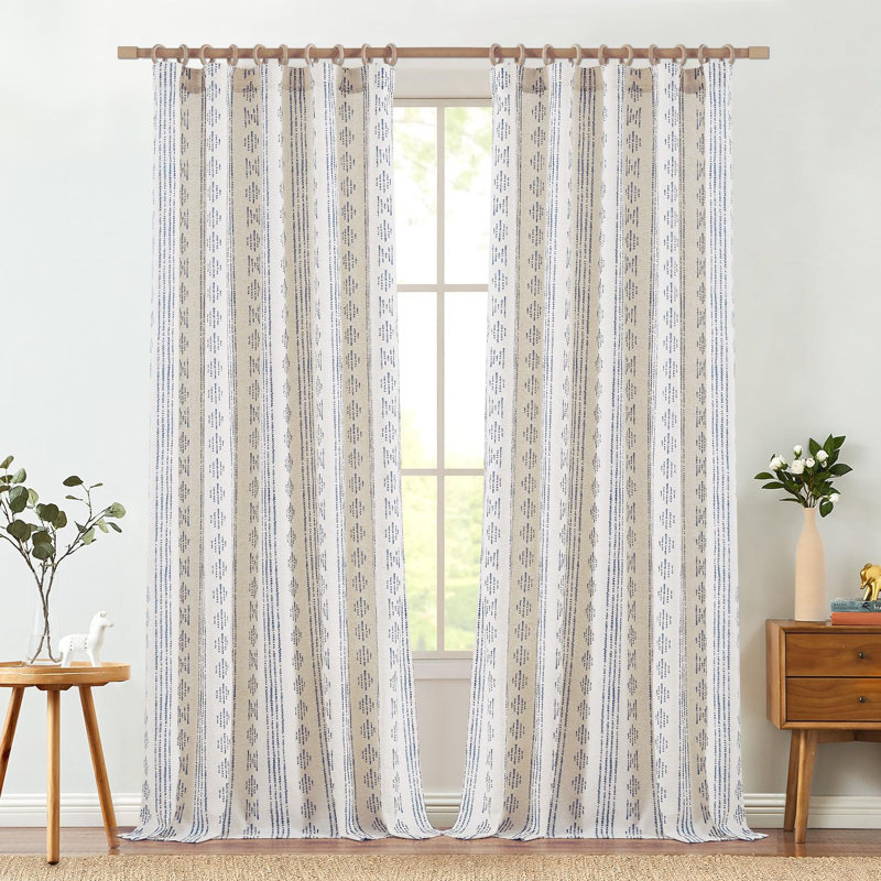 Linen Blend Semi-Sheer Rod Pocket Curtain Pair, Blue on Flax, 52" W x 96" L