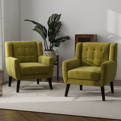 Jaqueze Upholstered Green Velvet Tufted Wide Back Armchair with Solid Wood Leg