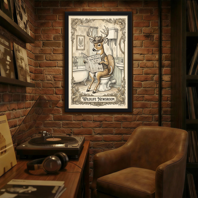 Bath & Laundry, cerf lisant un journal dans une salle de bain, H 18 po x l 12 po