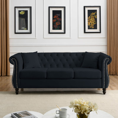 Chesterfield Black Velvet 3-Seater Sofa Tufted Couch with Rolled Arms and Nailhead Trim for Room