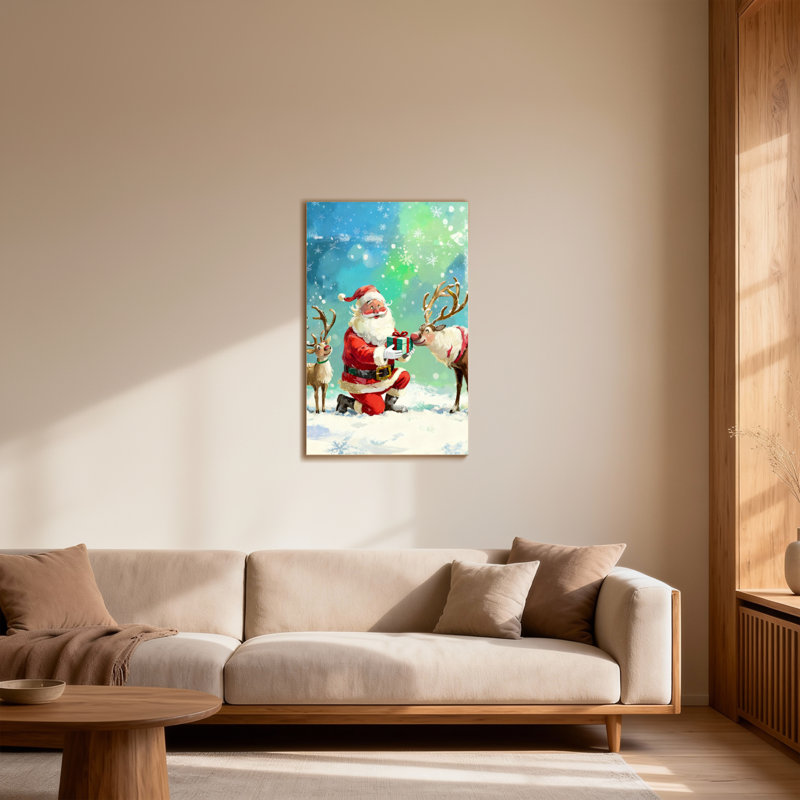 Père Noël avec renne et cadeau dans la neige, H 24 po x l 16 po