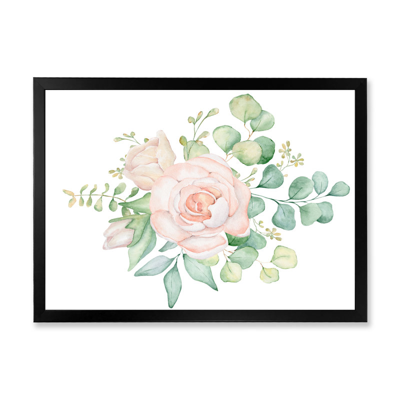 Bouquet de fleurs de rose et d'eucalyptus - Peinture sur toile, H 24 po x l 32 po x P 1 po, Cadre noir