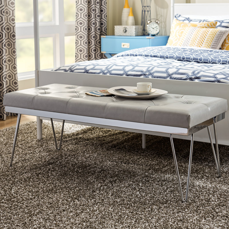 Brychan Faux Leather Upholstered Bench, Gray / Chrome