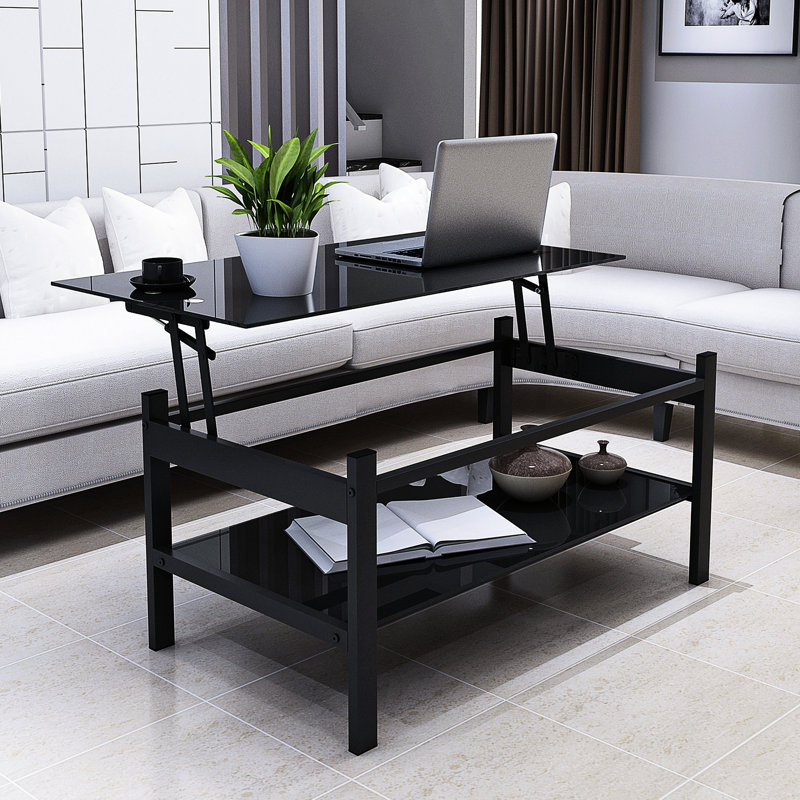 Table basse en verre noir avec plateau relevable et rangement pratique en verre trempé