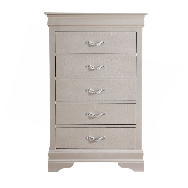 Commode verticale à 5 tiroirs avec façade texturée et poignées décoratives, Gris clair