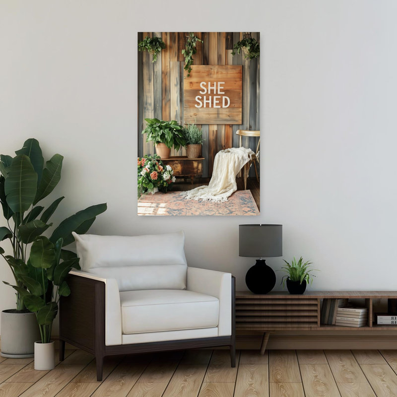 Cozy She Shed Interior Peaceful Rustic Serene Architecture Flower Art mural, H 36 po x l 24 po
