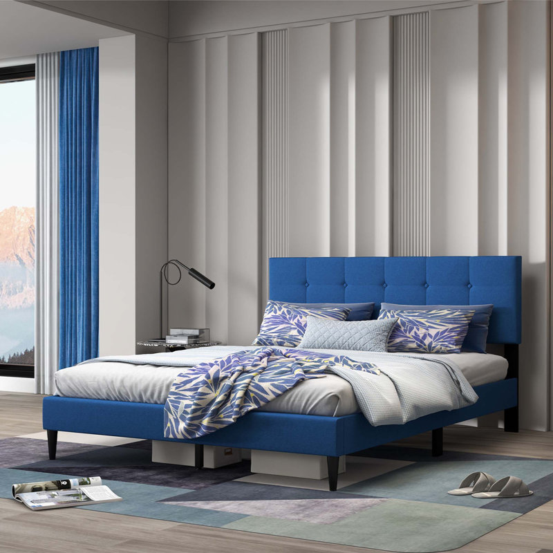 Grand lit standard en bois massif Jeray, Bleu