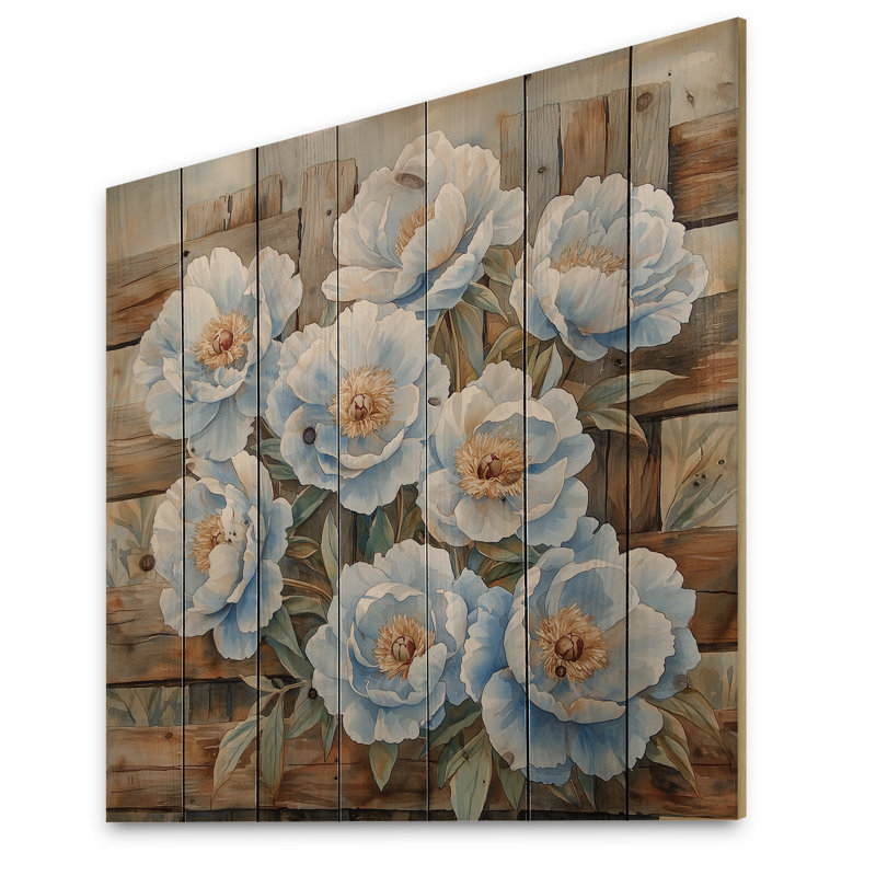 Bébé bleu pivoines près de la porte de la ferme I - Décoration murale en bois de pivoines - sur bois de pin naturel