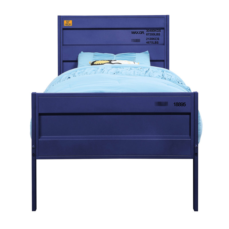 Lit simple dans la chambre à coucher en bleu avec 21 lattes et fabrication en métal pour le confort