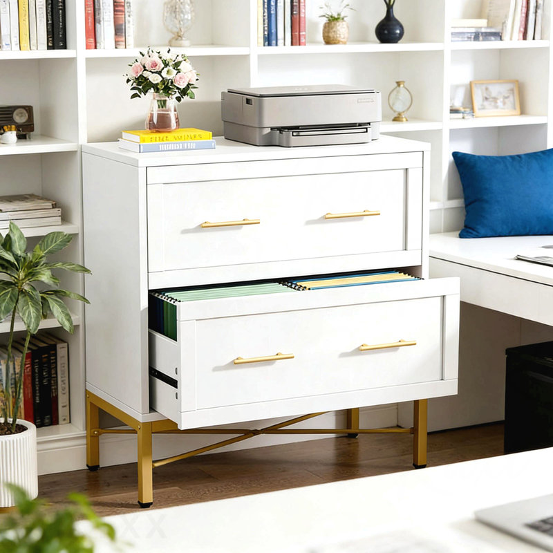 Office File Cabinet,2-Drawer File Cabinet,Sleek Design Storage Cabinet, Gold/White