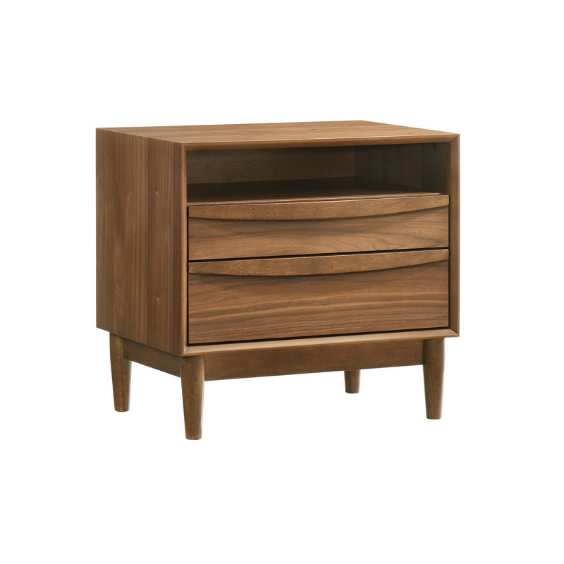 Greylynn 2 Drawer Nightstand in Wood with Shelf, Walnut