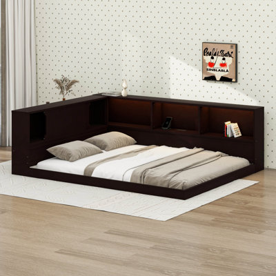 Queen Size Corner Bed With Shelves, Wood Queen Size Floor Daybed With LED, L-Shape Daybed Frame