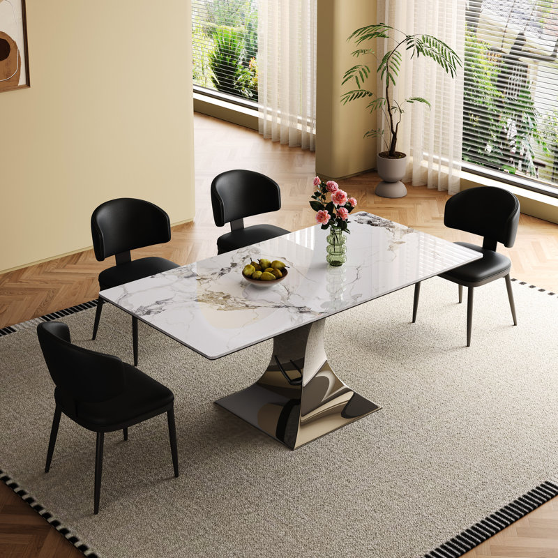 Grande table de salle à manger rectangulaire, 6 à 8 personnes, 71 po x 35,4 po, hauteur de 30 po, chaises en cuir noir, pierre frittée, acier inoxydable, base en acier Scratch, peau