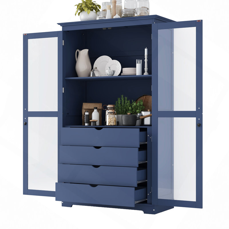 Garde-manger avec portes en verre et 4 tiroirs intégrés, Bleu