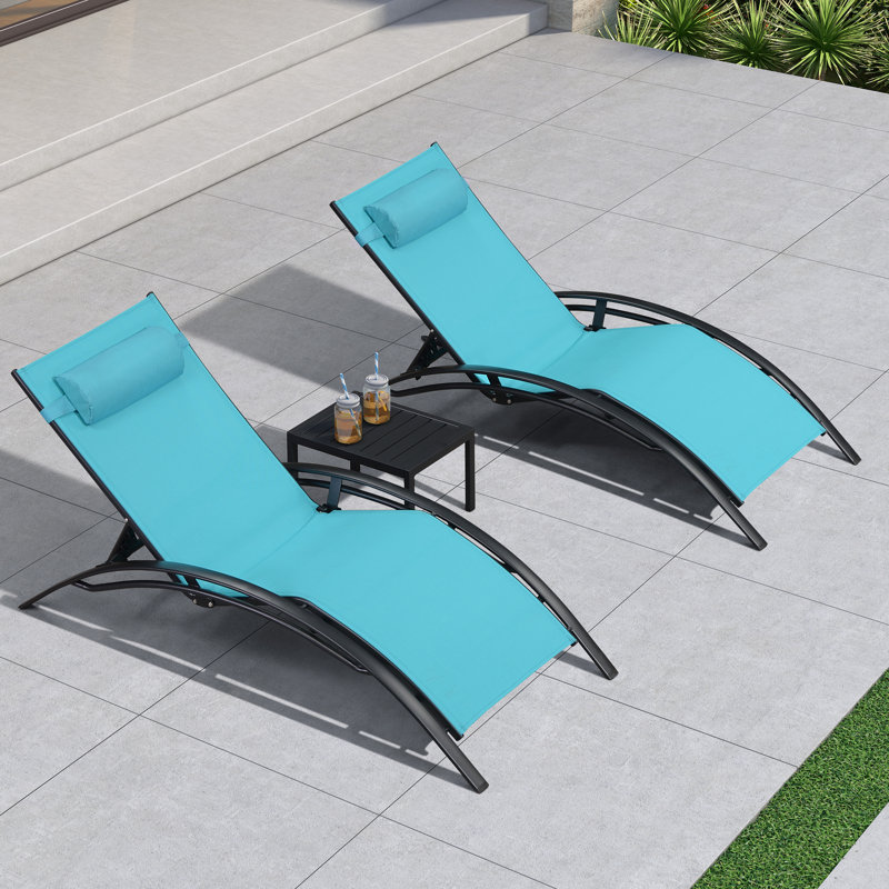 Ensemble de chaises longues inclinables 71,46 po avec coussins, Bleu turquoise